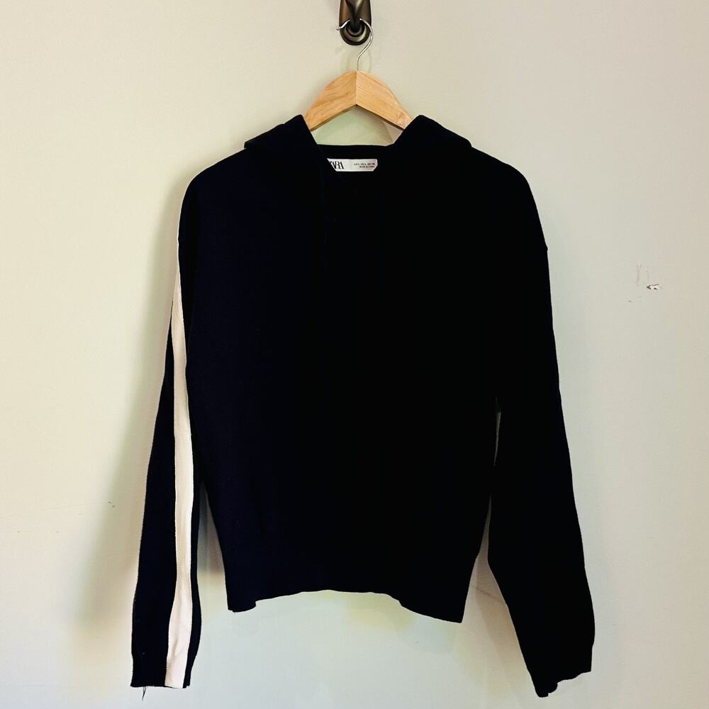 Zara Dark Navy Blue Knit Colorblock Sleeve Comfy Pullover Sweater Hoodie Sz L